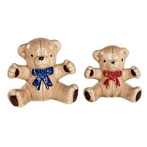 Vintage Ceramic Teddy Bear Miniature Figurine Set Red Blue Ribbon